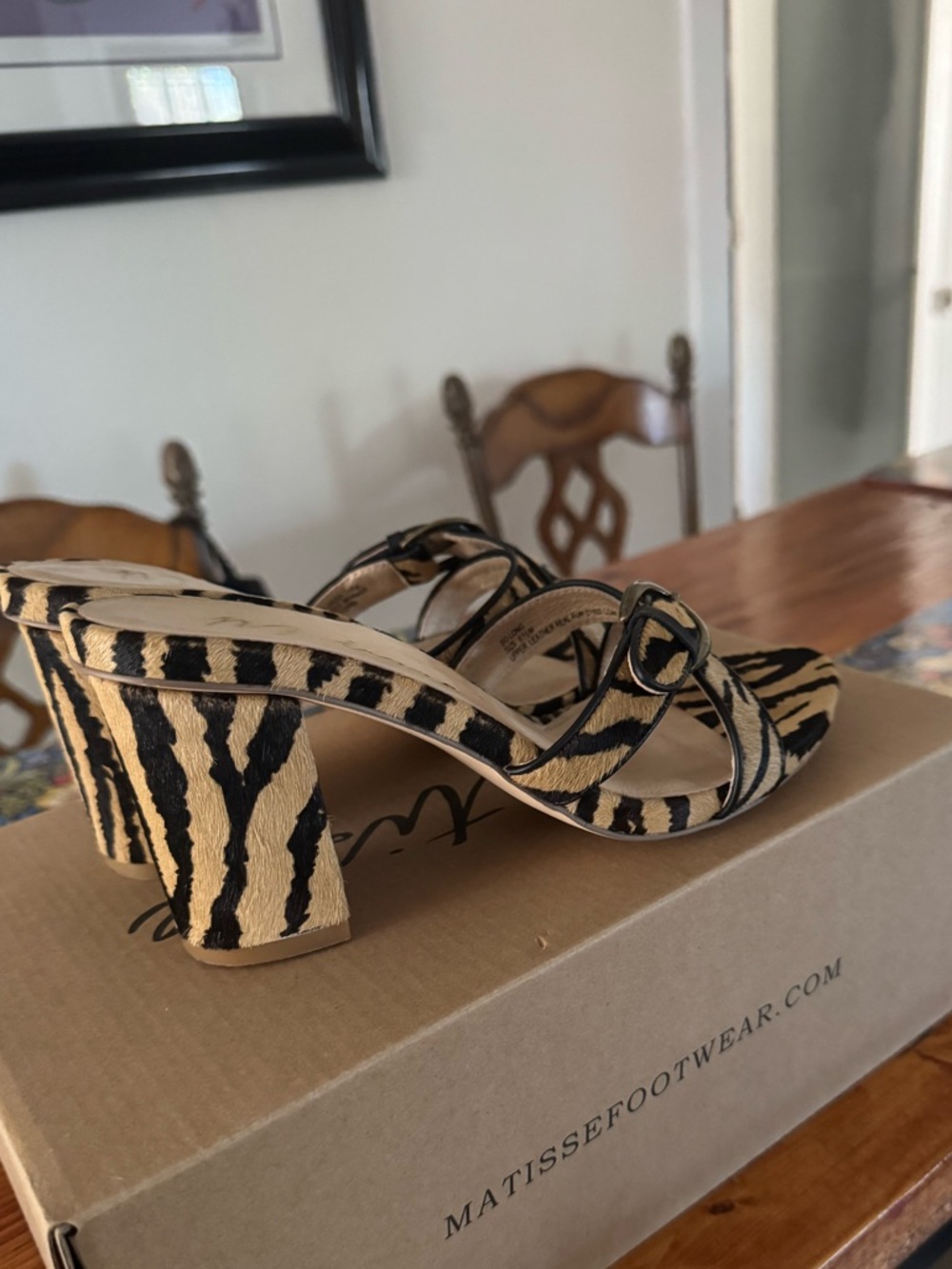 Matisse Zebra-Print Knotted Strap Block Heel Sandal in Tan and Black